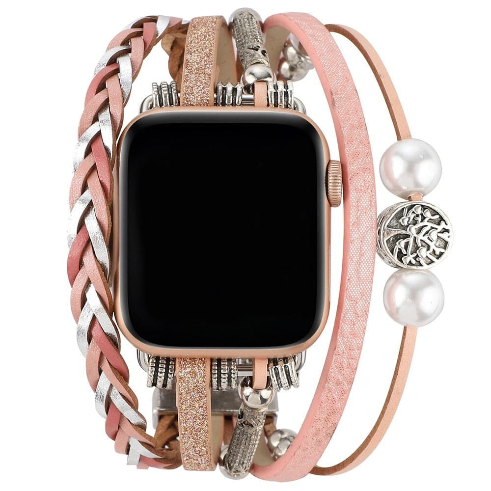 Apple Watch bands Pink leather and metal 38 40 41 42 44 45 46 49 mm compatible series 1 2 3 4 5 6 7 8 9 10 SE and Ultra 1 2 Pearl Apple Watch Band - eWatch Band